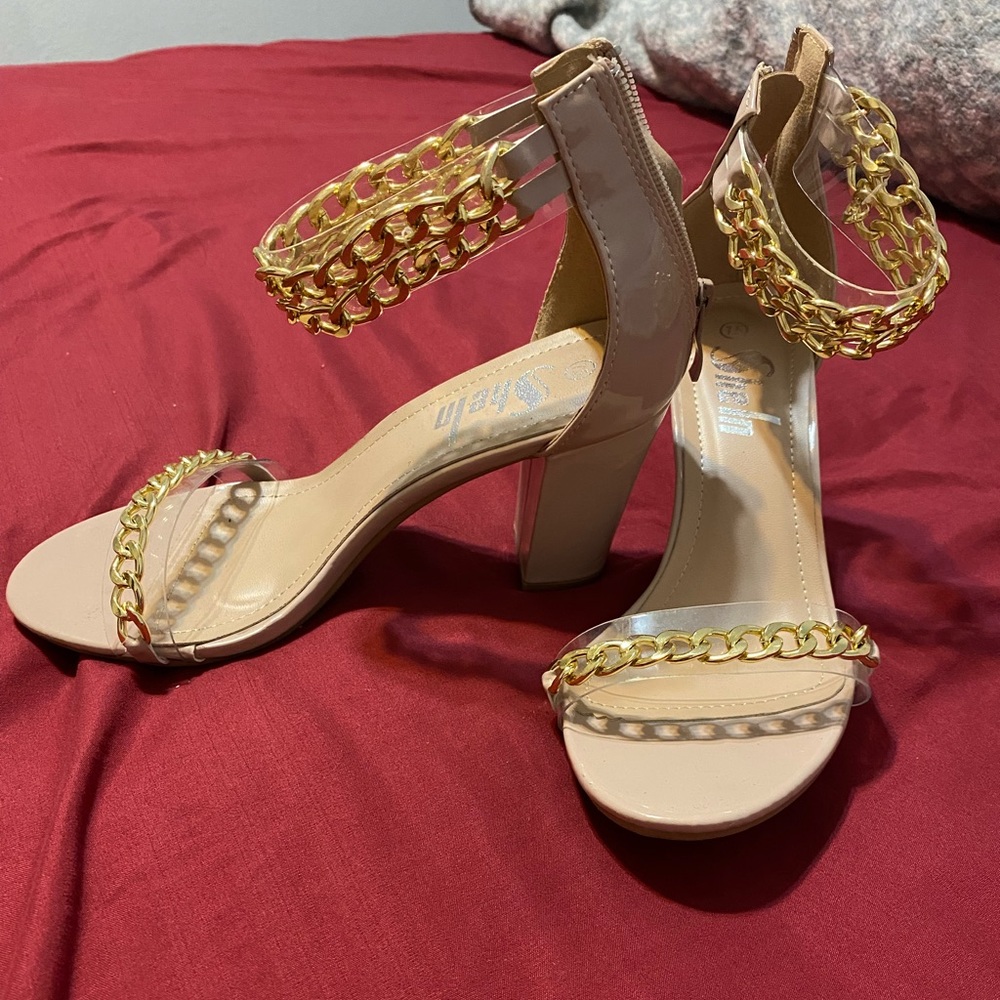 Vegan patent leather chain strap heels
